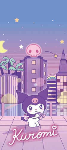 a cartoon drawing of kuromi with a skull on top of a building