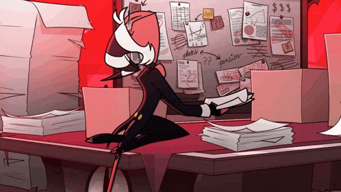 a cartoon character sits at a desk surrounded by papers and boxes with the word pension written on them