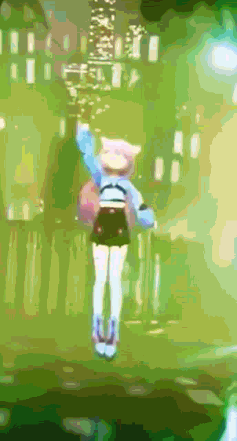 a cartoon of a girl in a blue shirt and shorts is floating in the air