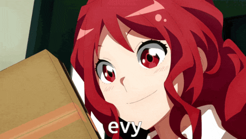 a red haired anime girl with the word evy on the bottom of her face