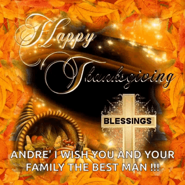 a happy thanksgiving card with a cornucopia and cross