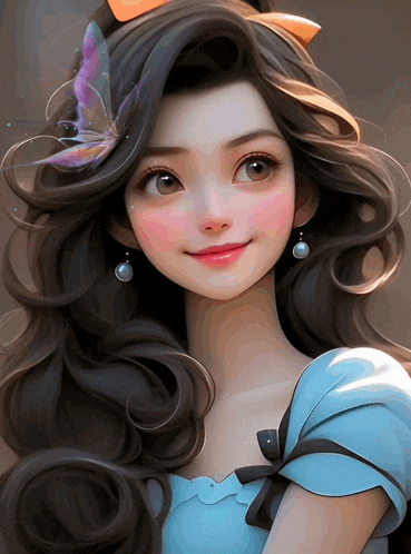a painting of a girl with a butterfly on her head