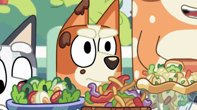 a cartoon of a dog eating a salad