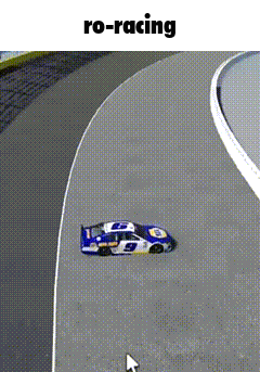 a blue and white race car is driving on a race track with the words ro-racing below it .