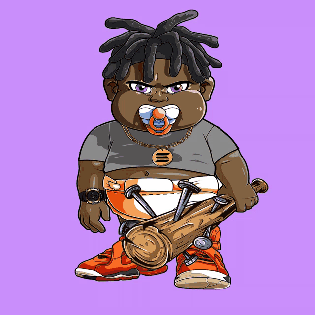 a cartoon of a baby with a pacifier holding a stick with nails on it