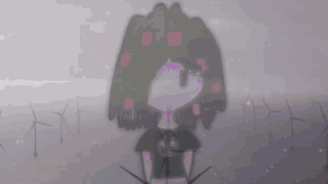 a cartoon of a girl with a nuclear symbol on her shirt stands in front of a field of windmills