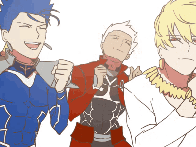 a drawing of three anime characters with one wearing a necklace