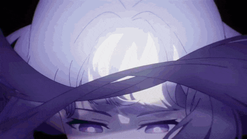 a close up of a person 's face with a purple hat on