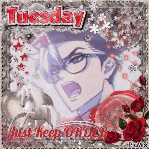 a picture of a man with glasses and the word tuesday