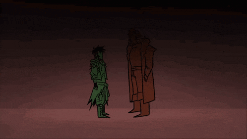 a cartoon of a man in a green coat standing next to another man in a red suit