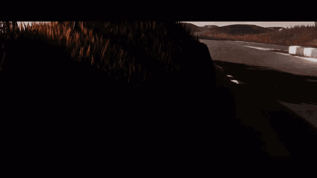 a couple of cars are driving down a road with trees in the background