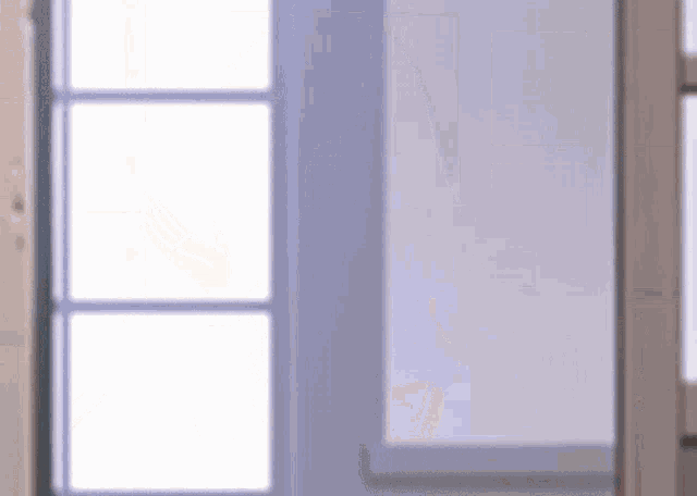 a person is standing in front of a window in a room with a white wall .