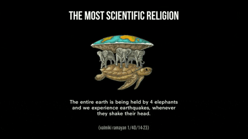 a turtle with elephants on its back and the words " the most scientific religion " on top