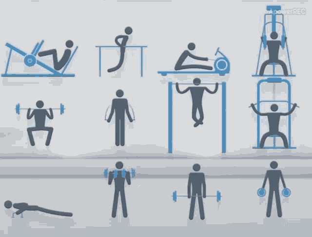a bunch of icons of people doing different exercises with the word power rec at the top