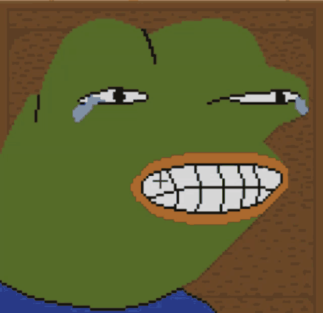 a pixel art drawing of a green frog with tears coming out of his eyes