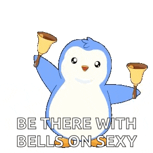 a penguin is holding two bells with the words be there with bells on sexy below it