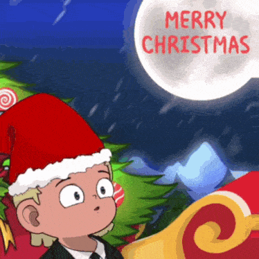 a merry christmas greeting card with a cartoon character
