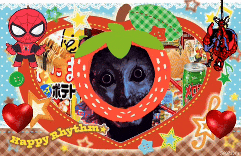 a picture of a strawberry with the words happy rhythm written below it