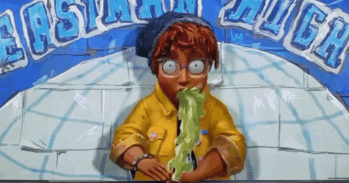 a cartoon drawing of a person vomiting in front of an igloo that says eastern zug