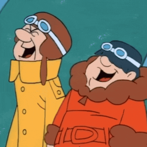 two cartoon characters wearing goggles and a yellow coat are laughing