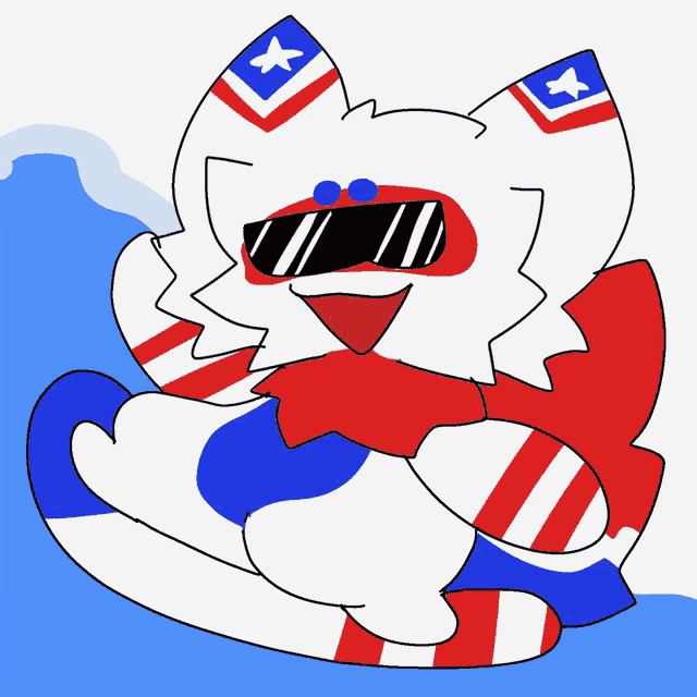 a drawing of a cat wearing sunglasses and a red white and blue outfit