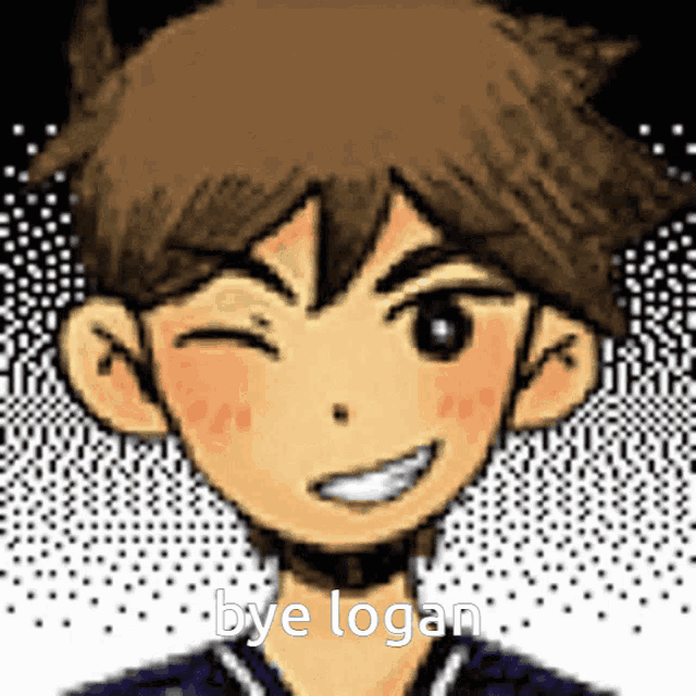 a pixel art drawing of a boy with the words bye logan above him