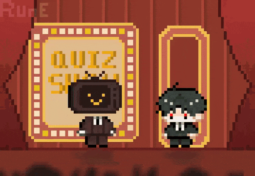 a pixel art drawing of a quiz show with two characters