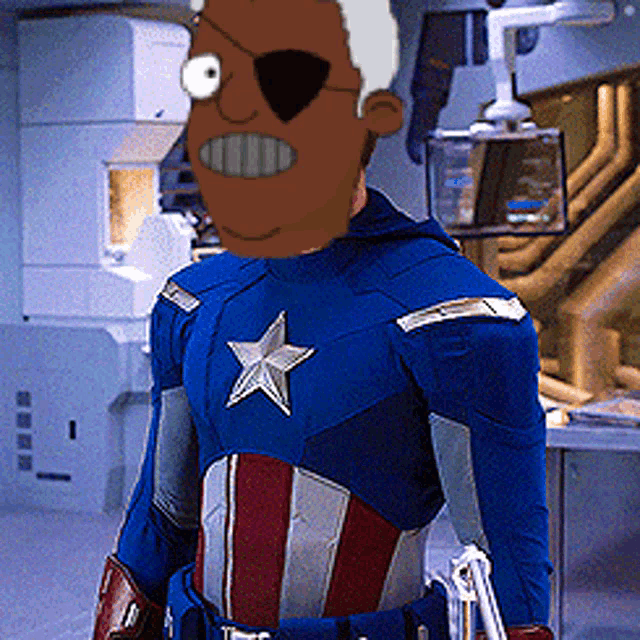a man in a captain america costume with a cartoon face on his face