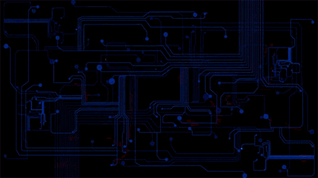 a computer circuit board with red and blue lines and circles
