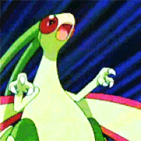 a green and white cartoon dragon with a red eye is standing in front of a dark blue background .