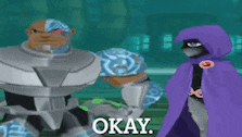two cartoon characters are standing next to each other and the words okay are on the screen