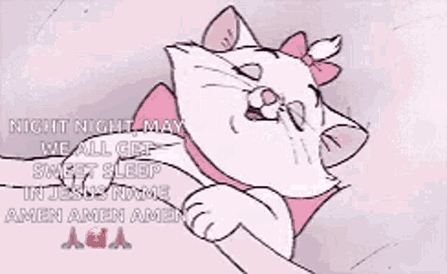 a cartoon cat with a bow on its head is sitting on a pillow .