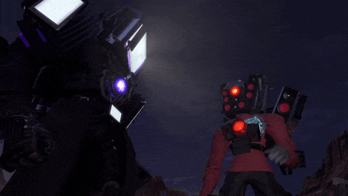 a man in a red shirt is standing in front of a robot with purple lights on its head