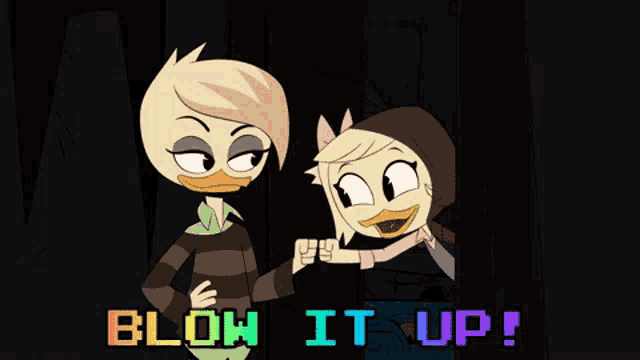 a couple of cartoon characters standing next to each other with the words blow it up behind them