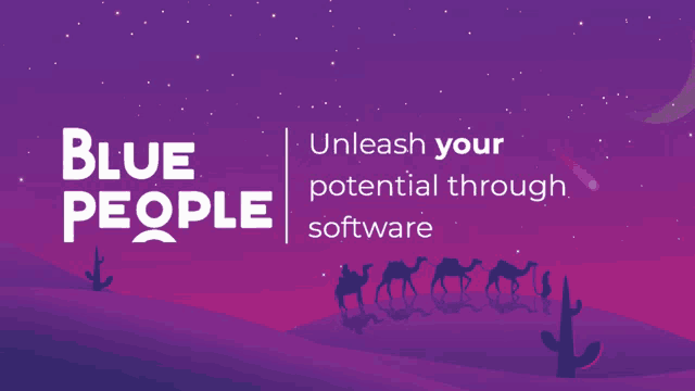 an advertisement for blue people software shows a desert landscape