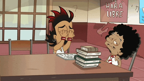 two cartoon characters sit at a table with a sign that says " hara libre "