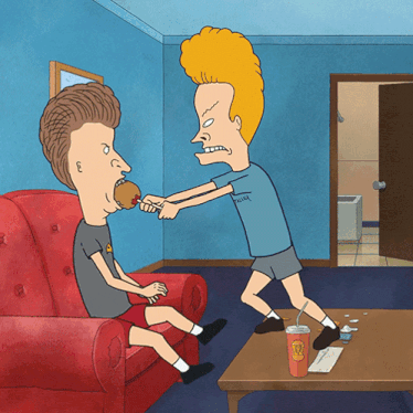 a cartoon of beavis and butthead eating a burger