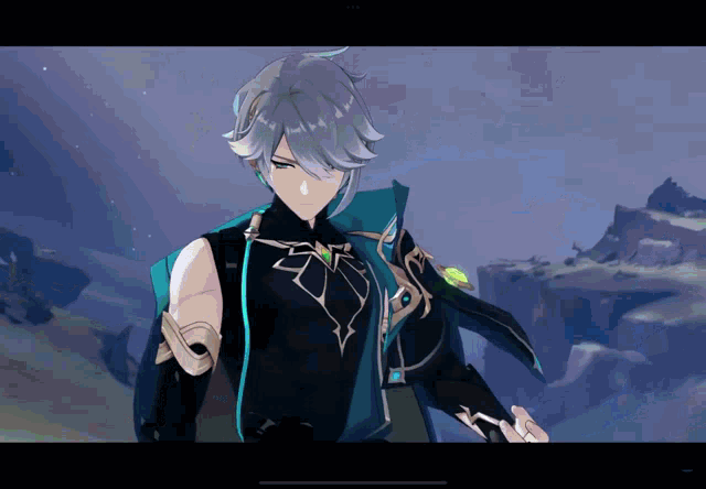 a video game character with gray hair and a black jacket