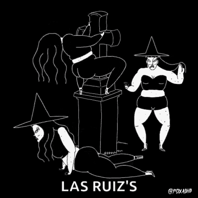 a black and white drawing of two witches with the words las ruiz 's underneath them
