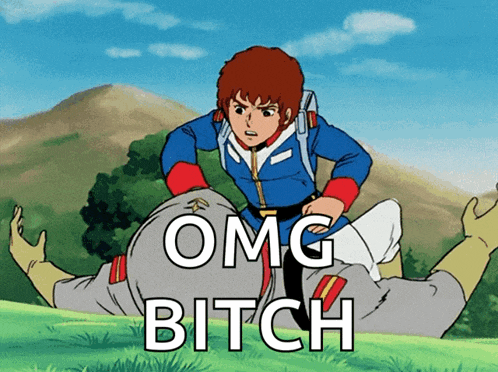 a cartoon character with the words omg bitch written on the bottom