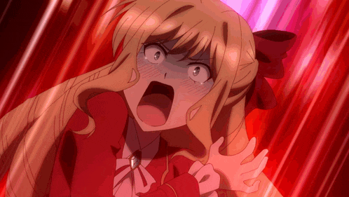 a girl in a red dress is making a shocked face