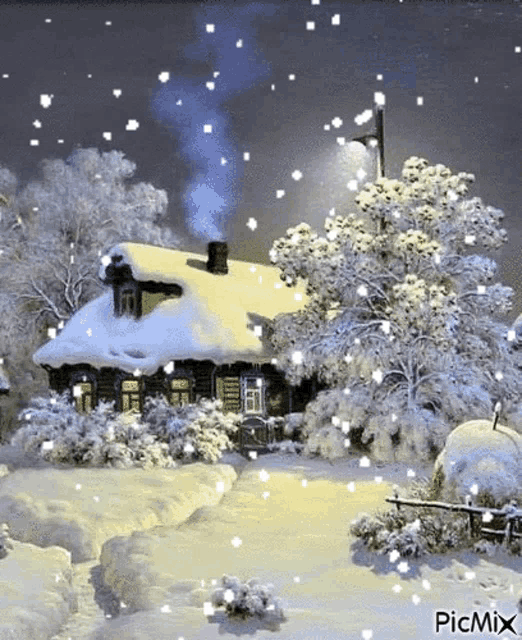 a snowy landscape with a house in the middle of it and snow falling .