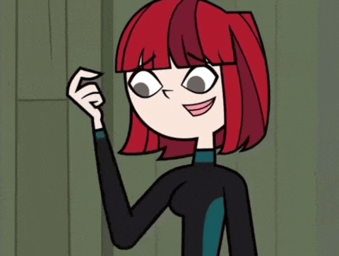 a cartoon girl with red hair is smiling and making a funny face