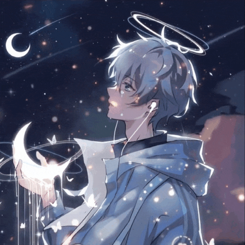 a drawing of a boy with a halo holding a crescent moon