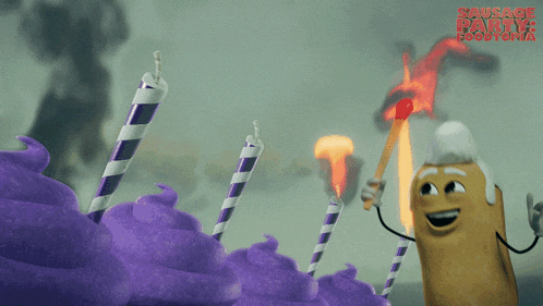 a cartoon character from sausage party is holding a lighter