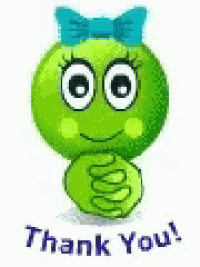 a green smiley face with a blue bow on its head is giving a thumbs up .