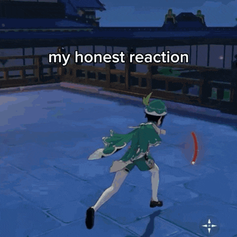a video game character is floating in the air with the words `` my honest reaction '' written on it .