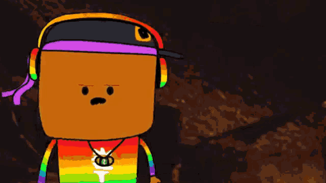 a yellow cartoon character wearing an orange hat and a black shirt is making an angry face