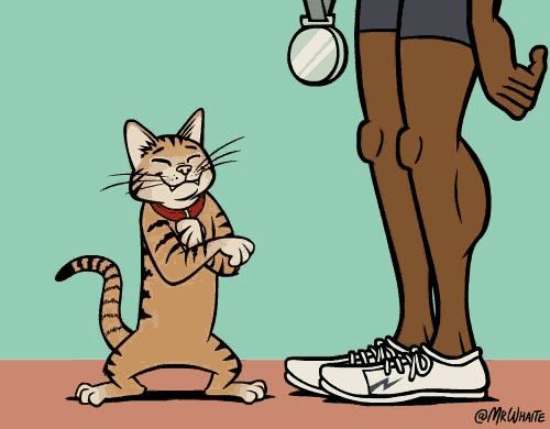 a cartoon drawing of a cat standing next to a man with a medal on his leg