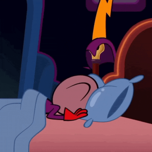 a cartoon character is sleeping on a bed with a purple lightning bolt behind him